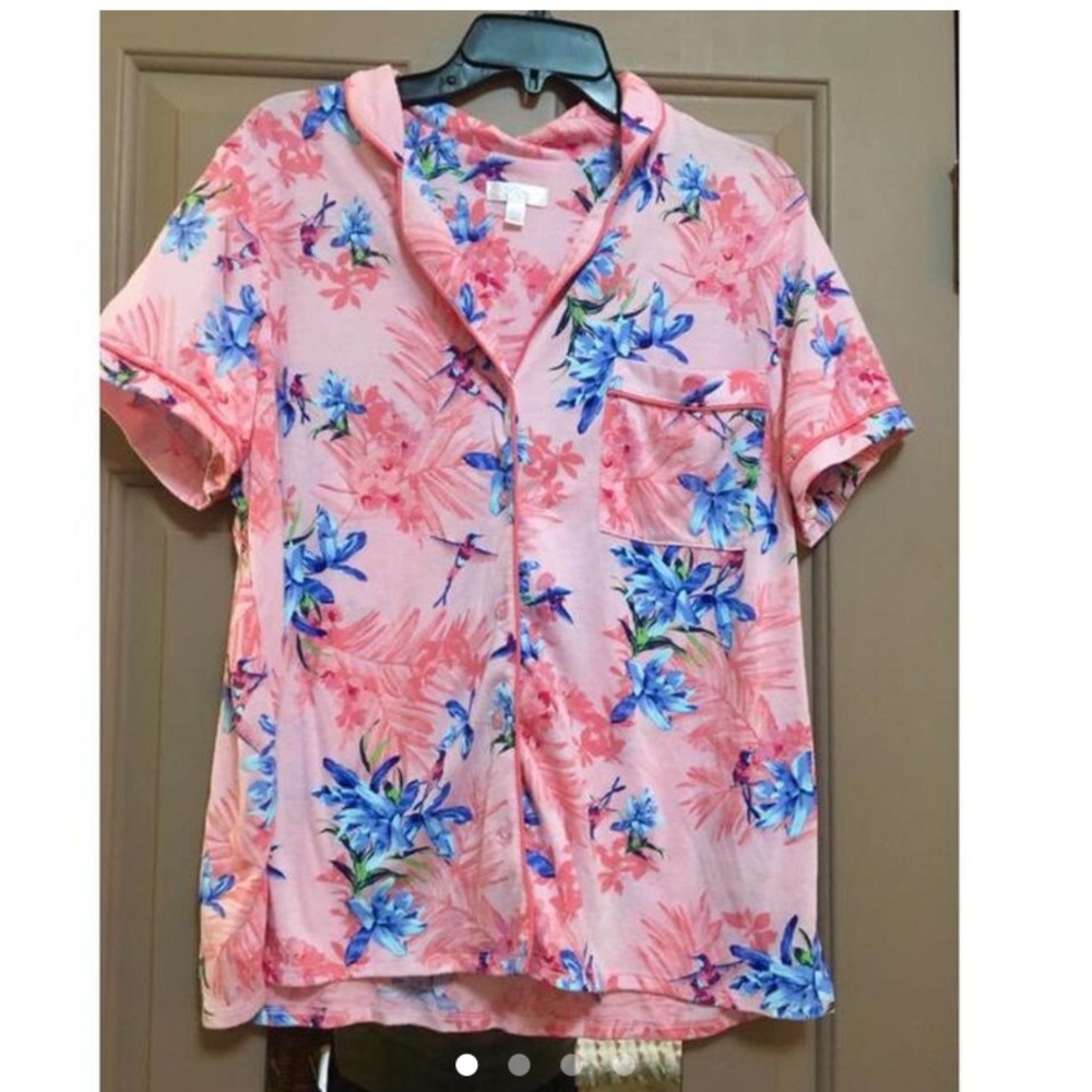 Y2K Bright Pink & Blue Humming Bird Floral Print Pajama Top
